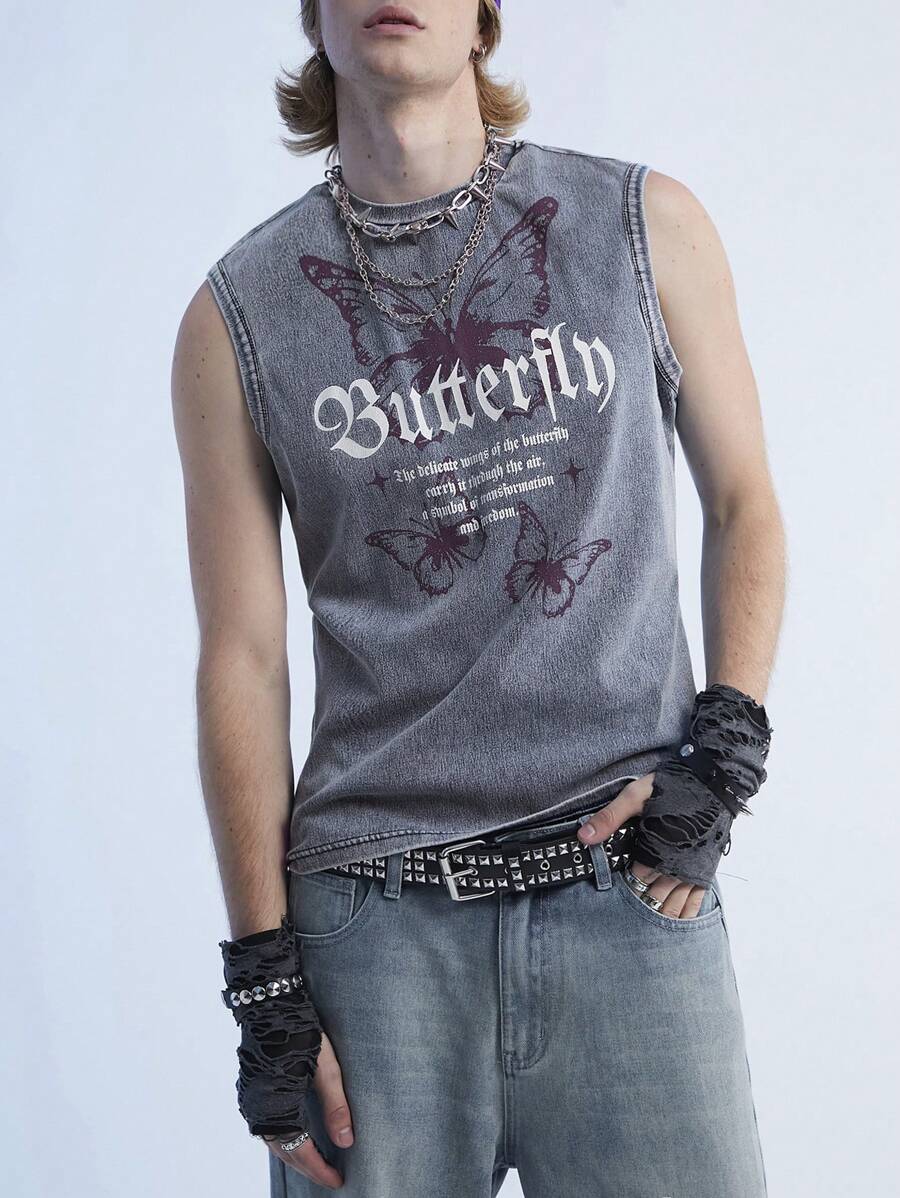 Manfinity Roghcode Y2K Retro Street Style Men's Denim Snowflake Ripped Funny Disco Graphic Vest With Butterfly Pattern, For Friends