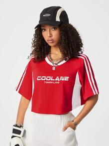 SHEIN Coolane Women's Street Style Color Block Cropped T-Shirt, Spring And Summer Essential - Red and White - View 4