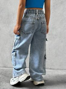 SHEIN Young Girl Fashionable Casual Workwear Style Denim Jeans, Multi-Pocketed And Washed Straight-Legged Jeans - Medium Wash - View 2