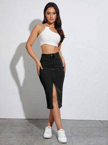 Jeanoix Váy denim màu trơn đơn giản dành cho nữ để mặc hàng ngày - màu đen - Xem 5