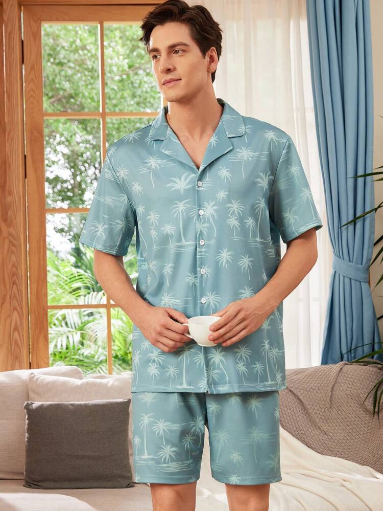 Men's Palm Tree Print Short Sleeve Button-Up Shirt And Shorts Casual Loungewear Set For Vacation