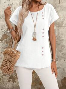 EMERY ROSE Camicia casual con manica batwing a collo rotondo e bottoni per le donne, bluse estive in cotone - Bianco - Visualizzare 6