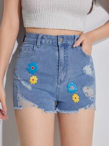 SHEIN Teen Girl Frayed Ripped Flower Pattern Tight Stretch Denim Shorts