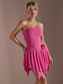 SHEIN BAE Váy tựu trường dành cho nữ màu trơn quây vải lưới bất đối xứng, váy cocktail dành cho những quý cô độc thân - Màu Hồng Tươi - Xem 5