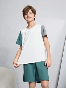 Conjunto de 4 piezas para niño preadolescente con bloque de color casual, camiseta de manga corta y shorts para verano