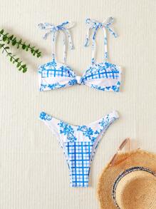 Swim Mod Women's Fresh Floral Patchwork Design Swimwear Set Summer - Blue and White - View 1