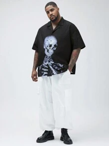 Manfinity VCAY Manfinity NXTstreet Men's Plus Size Woven Printed Loose Short Sleeve Shirt, Suitable For Summer And Daily Wear - Black - View 5