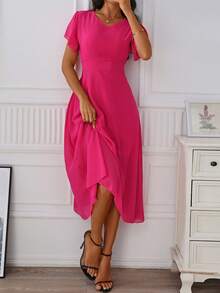 V-Neck Solid Color Casual Chiffon Dress, Summer - Pink - View 3