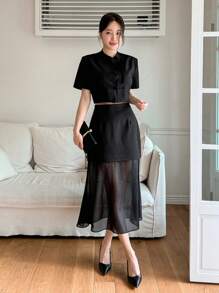DAZY Ladies' Plain Color Suit Jacket & Skirt Two-Piece Set - Black - View 3