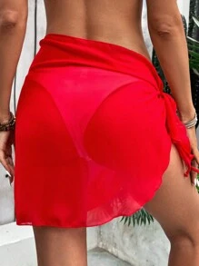 SHEIN Swim 1 bộ áo choàng và váy midi họa tiết hoa 3D trơn 2025 dành cho nữ, dùng cho kỳ nghỉ hè - Đỏ - Xem 2