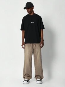 SUMWON Pantalón vaquero de corte holgado con gráfico impreso en el bolsillo trasero, detalle LA