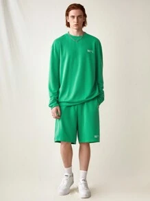 Mainfolk Men's Fashionable Knitted Casual Solid Color Wide-Legged Drop-Shoulder Long Sleeve And Shorts Two-Piece Set For Daily Wear, For Fall Winter - Green - View 3