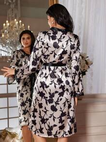 LuxeNights Ladies' Long Sleeve Casual Sleepwear Robe With Simulated Silk Print And Waist Belt Luxe Loungewear, Cozy And Elegant Details, Fall & Winter - Champagne - View 2