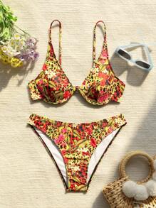 SHEIN Swim Summer Spaghetti Straps Flower Print Bikini Set (Random Print) - Multicolor - View 8