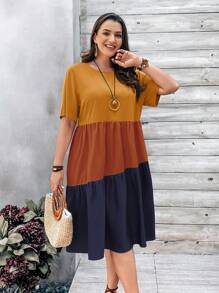 EMERY ROSE Plus Size Women's Contrast Color Doll Dress For Spring - Rust Brown - View 4