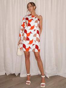 SHEIN Essnce Women's Asymmetrical Geometric Printed One Shoulder Dress With Metal Buckle - Multicolor - View 1