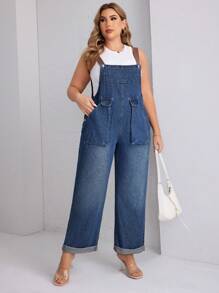SHEIN Essnce Women's Plus Size Simple Daily Wear Solid Color Denim Overall