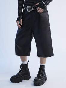 Manfinity Denimwave Y2K復古街頭風男士鬆身PU牛仔短褲 JORTS - 黑色 - 查看 4