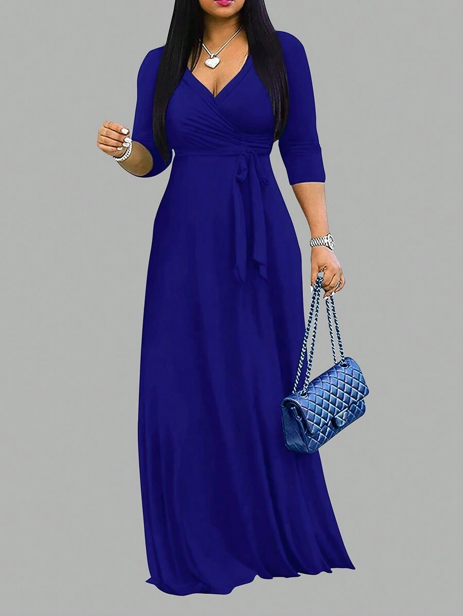 Spring And Summer Women's Half-Sleeve V-Neck, Waist-Cinching, Extra-Long Dress - Royal Blue - View 1