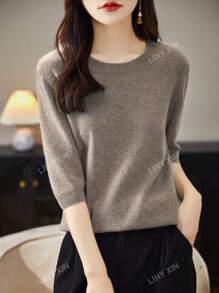 Pull à col rond et à manches courtes en laine mérinos 100% pour femmes, hauts légers d'été et d'automne de mode de luxe léger, pull tricoté