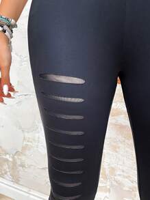 SHEIN LUNE Punched Laser Burnout Floral Mesh See-Through Black Leggings, Stretchy And Comfortable Plus Size - Black - View 2