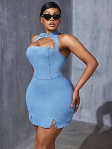 SHEIN SXY Robe cintrée en denim stretch grande taille - Jean clair - Voir 3