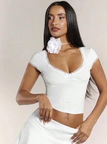 SHEIN BAE Women's Lace Short Sleeve Crop Top With Bow Decoration, Summer White Top, Basic T-Shirt For Women, Concert, Country Music Festival - White - View 6