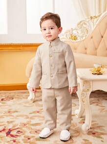 SHEIN Young Boy Casual College Style Neutral Solid Color Stand Collar Long Sleeve Shirt And Trousers Woven Two-Piece Set Boys Wedding Suitboys Dress Suits