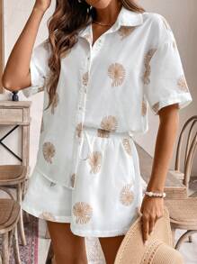 SHEIN Frenchy Summer White Linen Embroidery Going Out Set, Blouse Jacket Women's Shorts Two-Piece Set, Conch Embroidery, Holiday Set, Suitable For Daily Home And Holiday Wear, Fabric Breathable And Comfortable Women's Random Printed Simple Daily 2pcs/Set