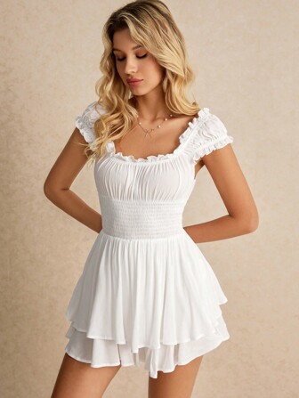 Poéselle Women's Summer Casual Solid Color Shirred Cinched Waist Jumpsuit Cute Jumpsuit White Jumpsuit Women Rompers Ruffle Rompers Summer Wedding Women Dresses Graduation White Rompers White Short Rompers Tea Party Attire Concert Rompers