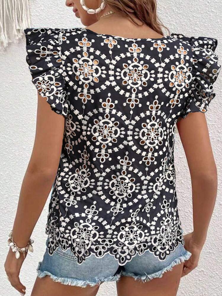 Square Neck Allover Print Pleated Lace Hem Vacation Shirt For Summer