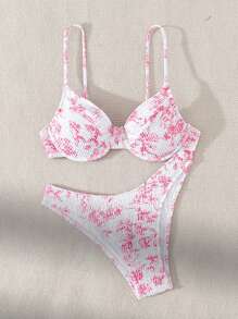 SHEIN Swim Women Bikini Set Random Print Underwire Design Summer Beach Vacation Bikini Set - Pink - View 7