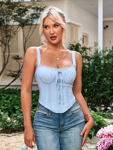 PARTHEA Tie Front Contrast Lace Ruched Crop Tank Top - Blue - View 8