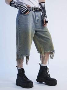Manfinity Roghcode Men's Yellow Mud Dyed Distressed Denim Shorts - JORTS - Teal Blue - View 6