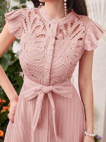 Modelyn 女士立领纯色系带蕾丝拼接优雅夏季长裙女装长款晚礼服 - 淺粉色 - 查看 6