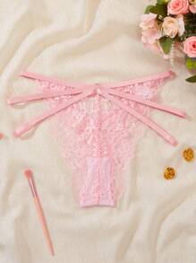 SHEIN 女士日常簡約鏤空蕾絲修身三角褲，性感內衣 - 粉色 - 查看 1