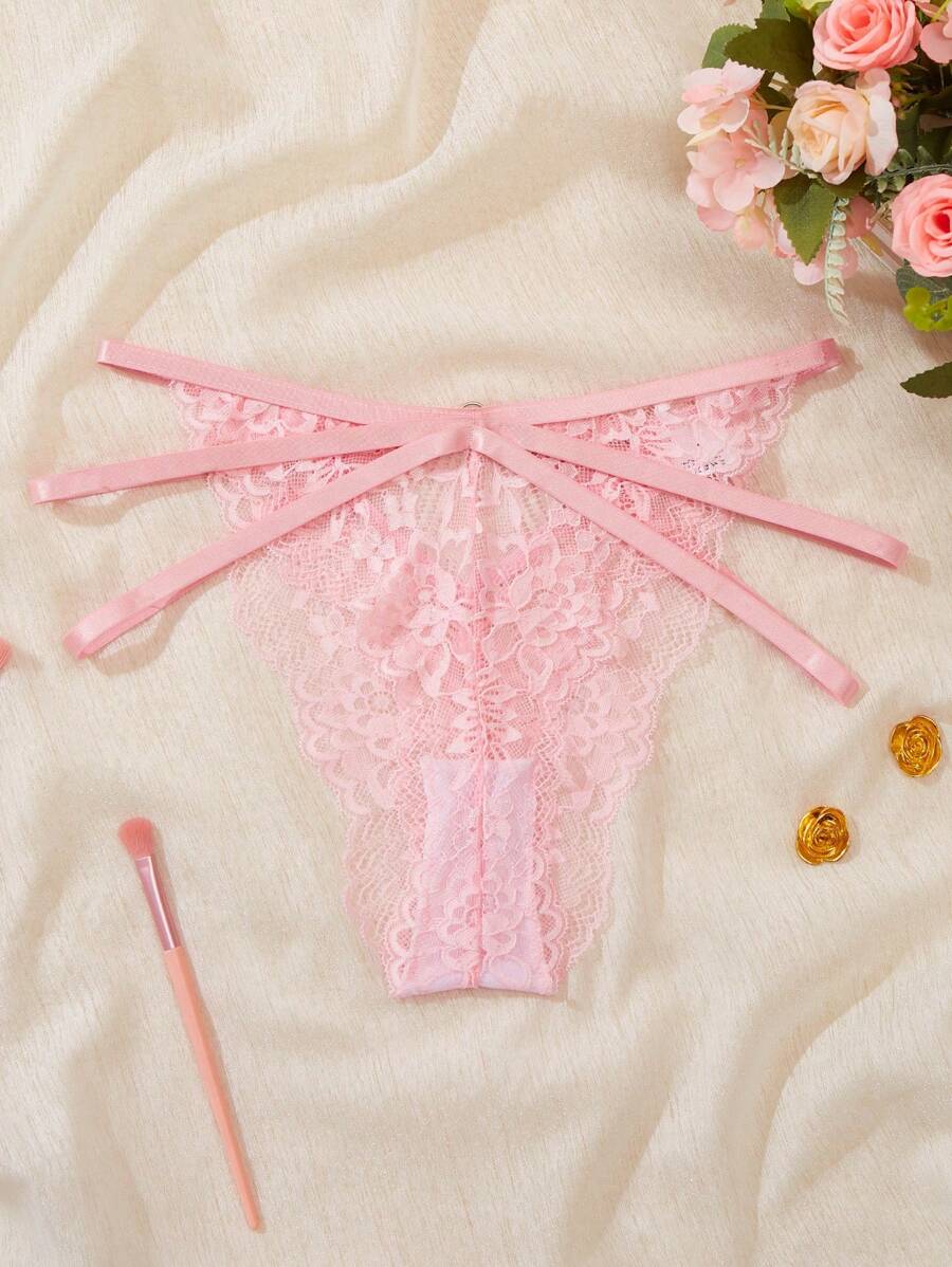 SHEIN 女士日常簡約鏤空蕾絲修身三角褲，性感內衣 - 粉色 - 查看 1