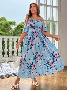 Flirla Plus Size Floral Print Pleated Spaghetti Strap Summer Holiday Casual Dress - Blue - View 4