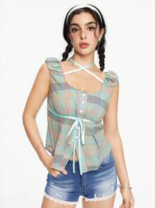 ROMWE Fairycore 性感格紋深V領系帶前紐扣蝴蝶袖女襯衫，春夏必備 - 彩色 - 查看 4