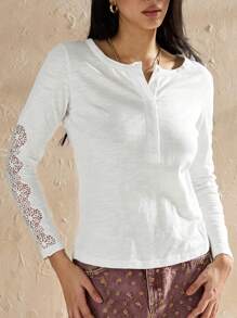 Forever 21 女士春夏季素色鈕扣半開襟蕾絲長袖休閒T恤