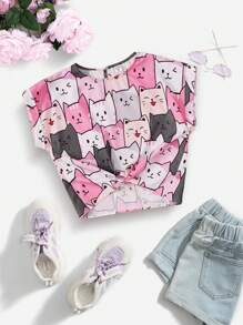 SHEIN Cô gái Tween Lỏng lẻo phù hợp Quần skinny Tie Trước Hình con mèo Áo sơ mi Đối với Giải trí Mặc - Nhiều màu - Xem 4