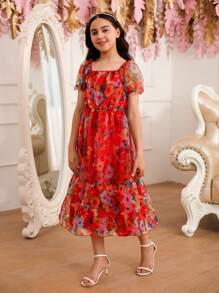 Tween Girl Elegant Floral Allover Print Waist-Cinching Puff Sleeve Dress, Summer - Red - View 6