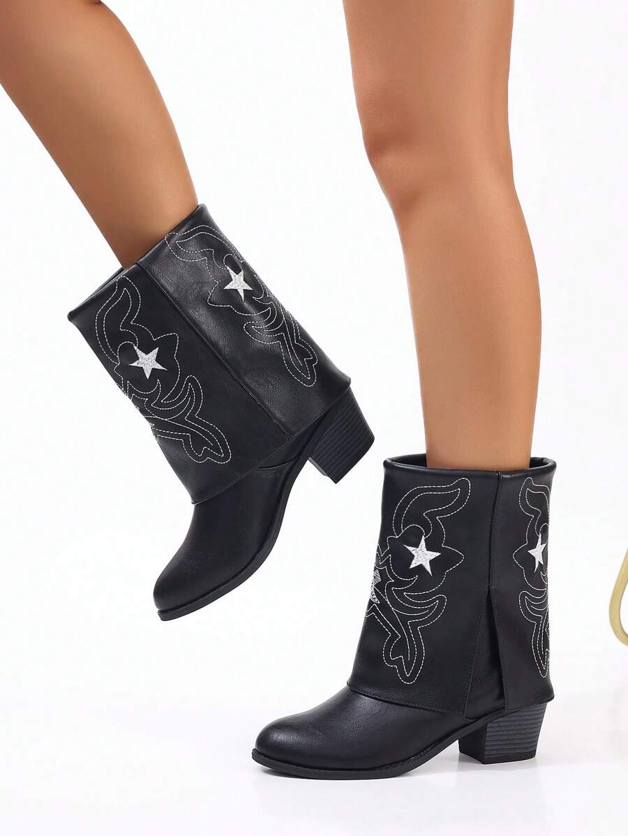 Black High Boots With Embroidered Floral Patterns, Elegant And ...