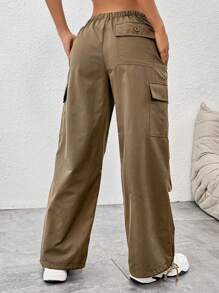 SHEIN PETITE Drawstring Waist Flap Pocket Side Parachute Cargo White Pants - Brown - View 2