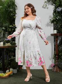 Flirla Vestido Casual Romântico Estampado de Manga Longa e Decote Quadrado em Tamanho Grande - Branco - Ver 6