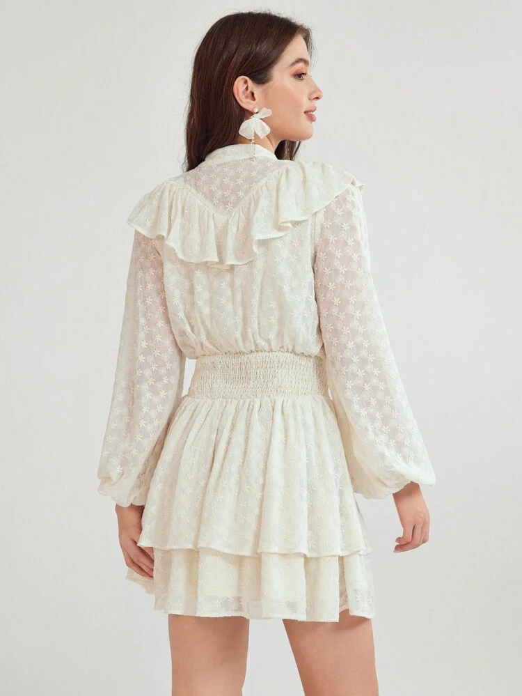 Romantic And Casual Long-Sleeved Lace Lantern Sleeve Boho Embroidered Lotus Leaf Short Dress For Summer And Autumn Vacation