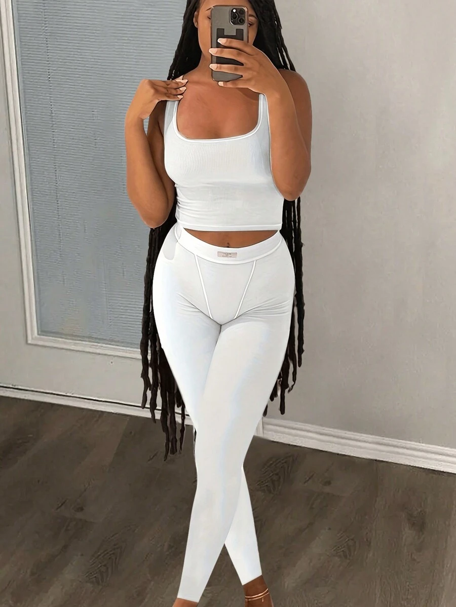 Slaydiva Simple Summer Sports Set For Women, Including Basic Tight-Fit Knitted Rib Top With Square Neck And High Elastic Waistband Skinny Pants, 2pcs/Set, Style E - White - View 1