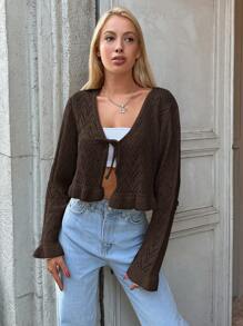 EURMUSE Tie Front Ruffle Hem Pointelle Knit Crop Cardigan - Black - View 3