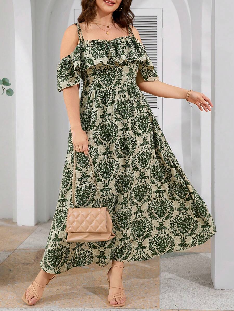 Mulvari Plus Size Mùa hè Thường ngày Váy xếp nếp in đầy đủ có viền xù - màu xanh lá - Xem 1