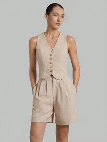 Ontre Ladies' Solid Color Pleated Shorts - Khaki - View 3